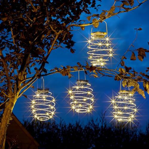 mysmartbuy.com Set of 4 Solar Powered LED Spiral Lights – Weather Resistant Outdoor Garden Hanging Lighting Decorations for Trellis, Parasol, Fence, Pergola, Patio Area, Balcony, Yard – H21 x W12cm