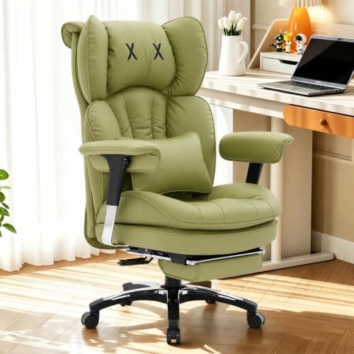 Efomao Desk Office Chair, Heavy Duty 200kg Big and Tall Executive Computer Chair, Unique XX Embroidery Ergonomic High Back PU Leather Chair with Retractable Footrest, Olive Green