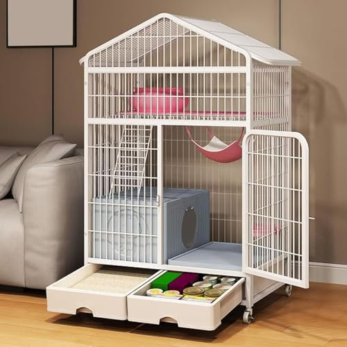 Käfig für Katzen, Katzenvilla für den Innenbereich, Laufstall aus Metall, mit geschlossener Katzentoilette + Aufbewahrungsbox (Farbe: Standard)