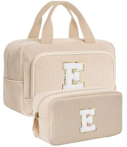 Personalisierte Kosmetiktasche Geschenke für Frauen - Initialen Kulturtasche Damen, Tragbare Groß Make-up Tasche Set, Geburtstagsgeschenk für Frauen Mädchen Schwester Freundin Beige Cord-Kulturtasche