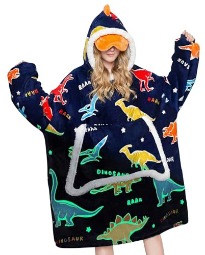 OLAOLA Dinosaurier Leucht Decken-Hoodie, Oversized Kuscheldecke Unisex | Leuchtendes Dinosaurier-Design, Sherpa Fleece. Warme Kuscheldecke mit Taschen, ein tolles Wärmegeschenk für Erwachsene.