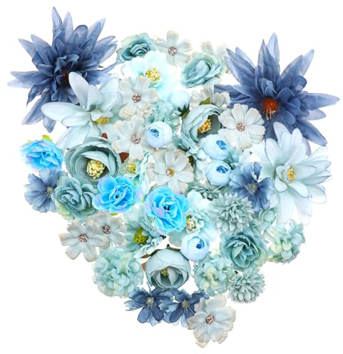 Lot de 50 têtes de fleurs artificielles bleues en soie - Dahlia, pivoine, marguerite, hortensia pour loisirs créatifs, guirlande, fête de mariage, bricolage, décoration d'intérieur, 4 à 12 cm - Bleu