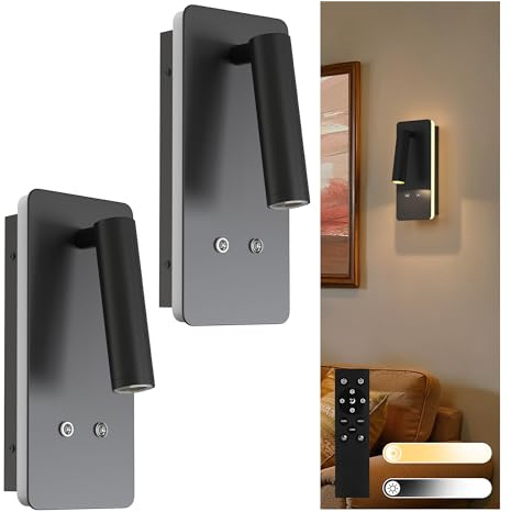 L LOHAS LED Wall Mounted Reading Light, Wireless Wall Sconces Set of 2, Battery Operated Wall Lamp with Remote & Type-C Charging, Dimmable Bedside Lamp for Bedroom, Living Room, Black
