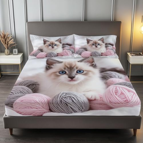 Set Lenzuola matrimoniale 3 Pezzi 160x190x30 cm e 2 Federe 50x80 cm - Realismo Carino Gatti Completo Letto in Morbida Microfibra per bambini adulti, Bianco
