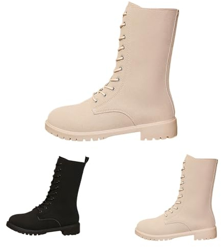 Damkängor med klack för snörning vegansk – hoppstövlar dam platå ankelstövlar PU-läder halvstövlar rund tå snörstövlar rockig biker stövlar kort skaft motorcykelstövlar, Beige, 37 EU