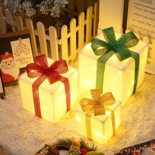 Aluusy Juego de 3 Cajas de Regalo Navidad con Luces, 50 LED Cajas Regalo Decorativo con Control Temporizador, 8 Modos Caja Iluminada Luces Navideña Decorativa para Árbol Navidad, Tela Afelpada Larga