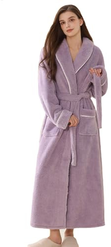 LOCIIXAT Morbido e caldo accappatoio da donna in pile teddy, lungo accappatoio di peluche per donna, lilla., 36-40