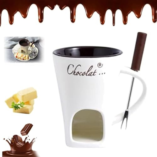 Sweet Fondue Cup,Meltie Cup,Chocolate Fondue Mugs with Forks,Ceramic Cheese Melting Cup,Tea Light Heating Butter Warmer,for Cheese Chocolates Butter,Birthday and Wedding Gifts (White)