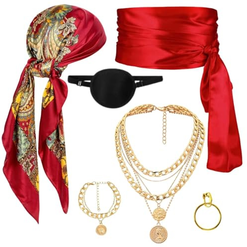 EVBOTGEE Piratenkostüm Damen Set 6-teiliges Piraten Zubehör mit Kopftuch Augenklappe Taillenkette Warten für Karneval Fasching und Halloween