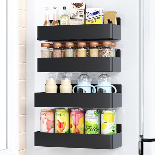DmgicPro 4-Pack Magnetic Spice Organizer Racks, Magnetic Spice Rack for Refrigerator, Moveable Kitchen Organizer Magnet Shelves for Spice Jars and Seasoning Bottles