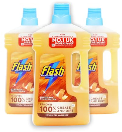 3 x 1000ml Flash Liquid Delicate WOOD Multi Surface All-Purpose Wood Surface Cleaner with ORANGE Peel Oil- PH Safe on wooden floors & Best shine ever