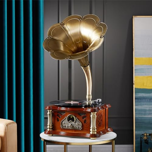 Giradischi vintage, grammofono Bluetooth con corno in ottone per 33/45/78 giri/min, telecomando wireless per la decorazione domestica