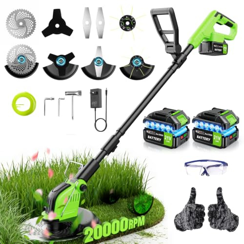Decespugliatore senza fili da 30,5 cm, tagliaerba elettrico con batteria da 2 x 3000 mAh, manico leggero e regolabile, 4 tipi di lame in metallo, tagliabordi da giardino 4 in 1 per falciare il prato e