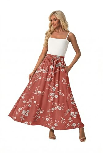 QIXING Women’s High Waist Flowy Long Maxi Skirt Boho Elastic Tie Waist with Pockets Summer Casual A-Line(White Plum Blossom, L)