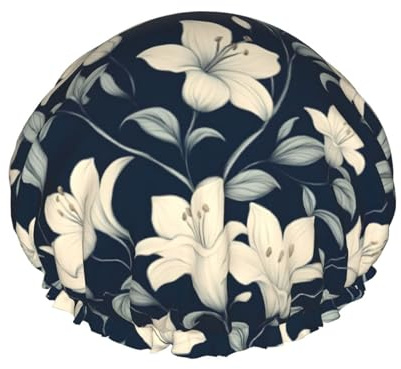Grand bonnet de douche réutilisable pour femme – Doux et confortable – Imprimé lys blanc bleu marine double couche avec corde élastique et doublure en PEVA