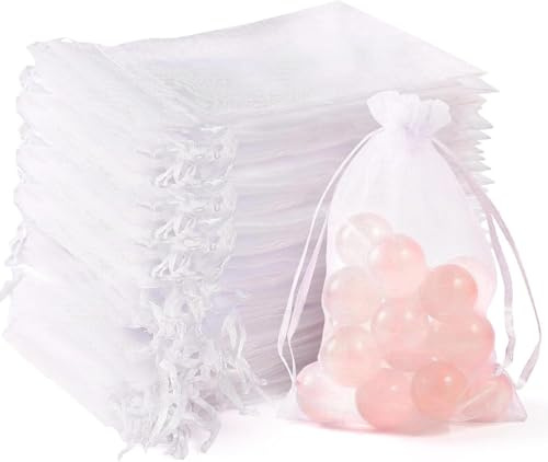 VOOSFSIE Sacs Organza Blancs 10x15cm - 50 Pièces Pochette Cadeau Transparente avec Cordon de Serrage - Pochette à Bijoux, Bonbons, Dragées pour Mariage, Baptême, Noël, Fêtes