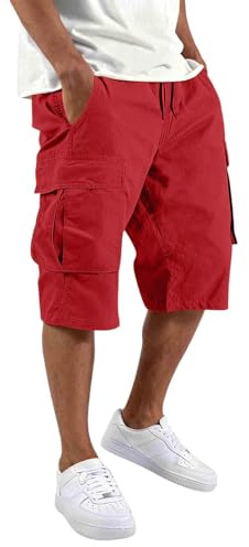Men's Cargo Shorts Elasticated Drawstring Waist Combat Shorts Plain Casual Knee Length Summer Holiday Bottoms with Side Slip Pockets Multipocket Outdoor Walking Workwear Shorts