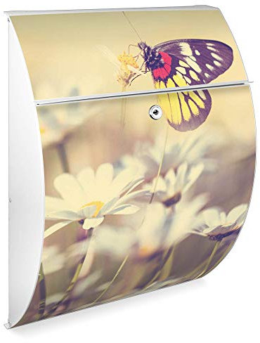 banjado Design Briefkasten - Modell Riviera 46x33,5x13cm groß - verzinkter Stahl weiß - Postkasten Öffnungsstopp großer A4 Einwurf Zylinderschloss 2 Schlüssel - Motiv Rotgelber Falter