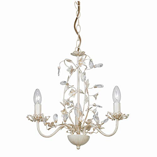 National Lighting Azalea Decorative 3 Way Branch Arm Cream Gold Finish Pendant Ceiling Light with Flower Shaped Cut Out and Bead Detailing 370mm
