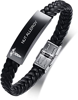 VNOX NUT Allergy Bracelet Stainless Steel Leather Medical Alert Bracelet Star of Life Medical Leather Bracelet for Men Women,Adjustable