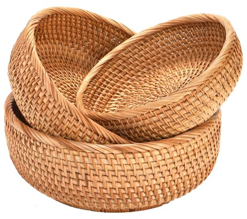 Jucoan 3 Pack Round Rattan Fruits Bread Baskets, Vintage Hand-woven Wicker Fruit Serving Baskets Bowls for Candy, Snack, Keys, Kitchen Countertop, 3 Size