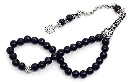 Perlin Gebetskette Tesbih Tasbih Tespih Misbaha Subha 33, 28cm, Muslimisches Islamic Rosenkranz Prayer Anbetungszubehör Halbedelstein Onyx Schawarz Perlen Kugel 8mm