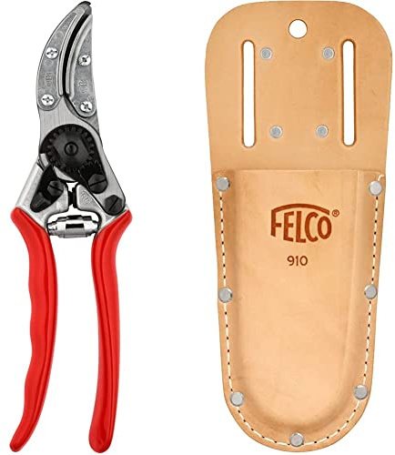 FELCO 100 Rosenschere (Blumenschere, Schnitt-ø 10 mm, Länge 210) & 910 Etui für Gartenscheren (Holster aus Echtleder, mit Gürtelschlaufe + Klammer, Befestigung am Gürtel), 26 x 16 x 12 cm