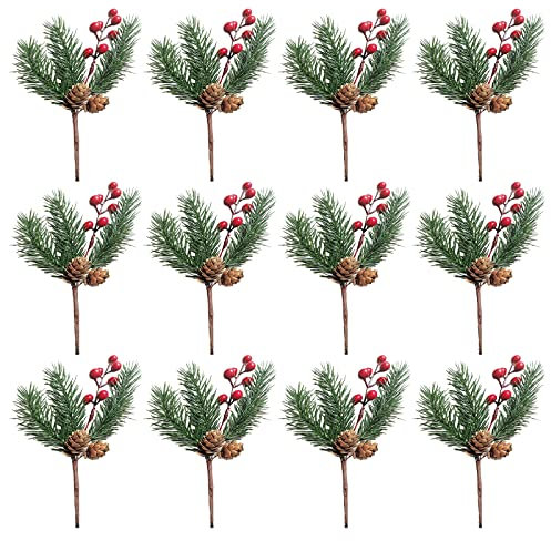 MCDSAJ 12 rote Beeren und Tannenzapfen Weihnachten Picks mit Stechpalmen-Zweigen, natürliche Tannenzapfen für Weihnachten, Blumenarrangement, Kranz, Winter, Urlaub, Basteln, Dekoration