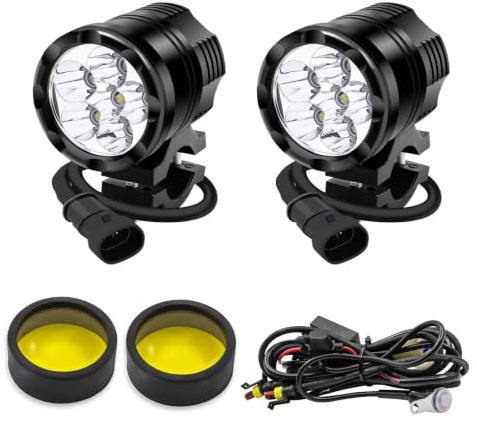 Biqing 1 Paire LED Phares Avant Moto Kits + Lentille Ambre + Moto Câblage,Universal 60W LED Feux Additionnels Motos Phare Antibrouillard 12V/24V étanches 3 Modes