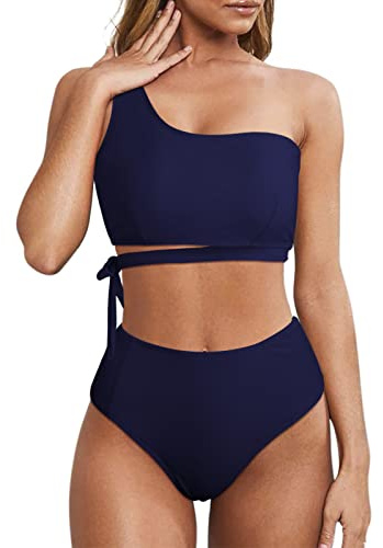Wantonfy Bikiniset för kvinnor, hög midja, baddräkt, tvådelad baddräkt, en axel, badmode, baddräkt, Marinblå, XL