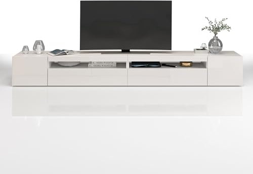 WHOUS Mobile Porta TV POTENZA per Soggiorno con 2 Ante Laterali e 2 Ante a Ribalta, Mobile Tv per Salotto in Legno, 260x40x36,5 cm, Bianco Laccato Lucido