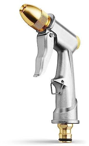 OFFCUP Pistola da Giardino in Metallo, Pistola Spray ad Alta Pressione, Pistola Irrigazione Giardino, 4 Modalità Pistola Alta Pressione Professionale per Auto e Animali Domestici Lavare（Argento）