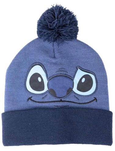 Stitch Strickmütze für Kinder - Blau - Mit Bommel - Einheitsgröße - Mütze aus 100% Acryl - Mit dem Gesicht von Stitch Bestickt - Original Produkt in Spanien Designed