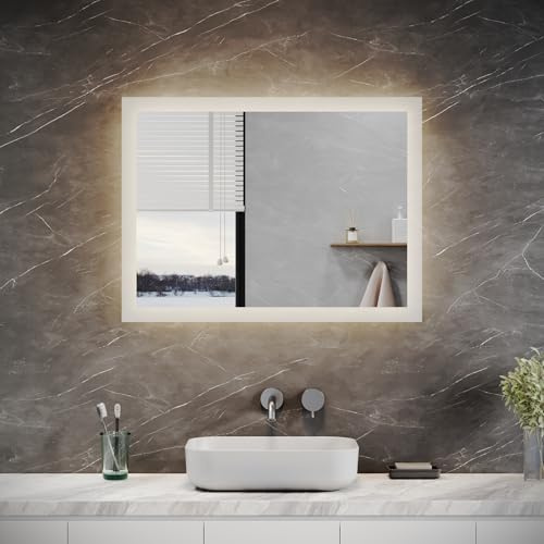 SUNXURY Badspiegel Bad mit Beleuchtung 80 x 60cm LED Spiegel warmweiß Spiegel mit Beleuchtung WandSchalter Lichtspiegel Badezimmerspiegel 4000K IP44 Energiesparend