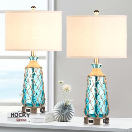 Ruzectt 25.5 Coastal Glass Table Lamps Set of 2, 3-Way Dimmable Touch Control Bedside Lamps with 2 USB Ports and AC Outlet, Blue Nautical Nightstand Lamps for Bedroom Living Room (LED Bulbs Included)