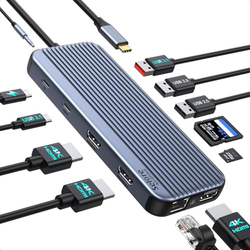 Docking Station 3 HDMI, Docking Station 3 Monitore, 12 in 1 USB C Hub Triple Display mit Triple HDMI, 10Gbps USB A/C 3.1, 100W PD, RJ45 Ethernet, 3.5mm Audio&Mic, SD&Micro SD