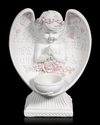 Figuren Shop GmbH Engel Bub Teelichthalter mit Herzen & Rosen – 17,5cm Kunststein Putte, Handbemalt mit Peace Hope Dream Faith Love Schriftzügen