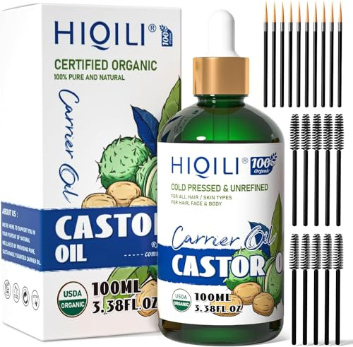 HIQILI Kaltgepresstes Rizinusöl für Haare, Wimpern & Augenbrauen | Inklusive Ersatzbürsten, Trägeröl zum Mischen mit ätherischen Ölen, Haut- und Körpermassageöl 100ml / 3,38 fl oz