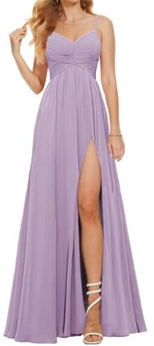 Vestidos de dama de honor con tirantes delgados para mujer, vestido largo formal de gasa con abertura y cuello en V, Lila, 44