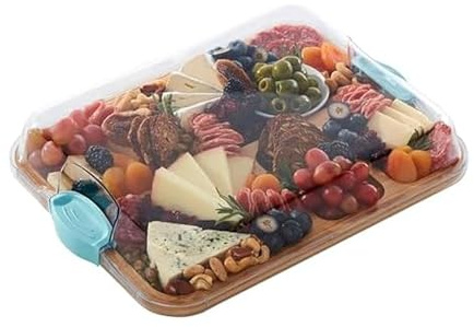Farberware Build-A-Board Bamboo Cutting Board with Built-in Compartments and Clear Locking Lid with Blue Handles, Perfect for Charcuterie, Snacks, and More