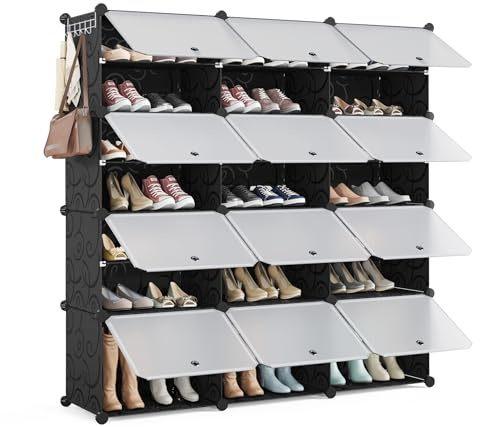 Mondeer Schuhregal, 3x7 Tier Würfel Kunststoff Schuhschrank, Modular Schuhaufbewahrung Hält 42 Paar Schuhe mit Tür, Platzsparend für Alle Arten von Schuhen, für Flure, Schlafzimmer, Eingänge, Schwarz