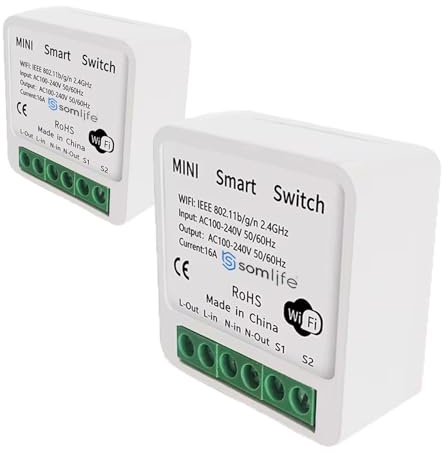 Lot 2 Interrupteurs intelligent SomLife WiFi 16A MiniSmart Switch Wi-Fi connecté,application Tuya/SmartLife,Alexa,Google Home