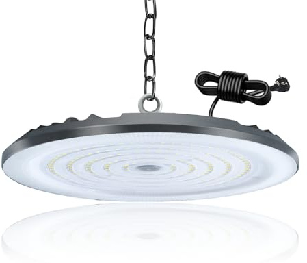 BOSITE 150W UFO Werkstattlampe LED mit Stecker, 6500K Kaltweiß LED Werkstatt Deckenleuchte, IP65 Wasserdicht, Garagenlampe leds für Lagerhäuser, Fabriken, Garagen