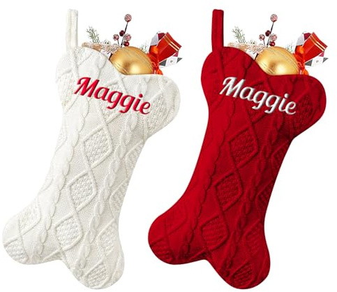 Weihnachtsstrumpf Hunde mit Namen Weihnachtsdeko Christmas Stockings Hundeknochen Groß Gestrickt Nikolausstrumpf Geschenktasche für Haustier Personalisierte Xmas Socken, 2PCs