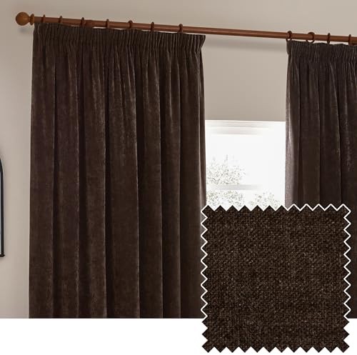 Yard Heavy Chenille Plisado De Lápiz Par De Cortinas – Suave Filtrado De Luz Terciopelo Cortinas (Marrón – Ancho 168 x Largo 229cm)