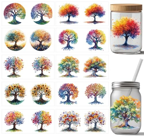 arricraft 10 Stück Pflanzen UV DTF Cup Wrap Transferaufkleber 10 Stile Baum Des Lebens Blumen Transferpapier Rubbelaufkleber PVC Tasse Wasserfest Rubbelaufkleber Für Tassenglas 24x11cm
