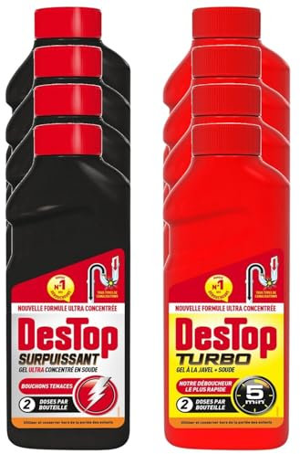 DESTOP Lot de 4 Packs Gel Déboucheur Surpuissant 500ml + Turbo 5 min Javel 500ml