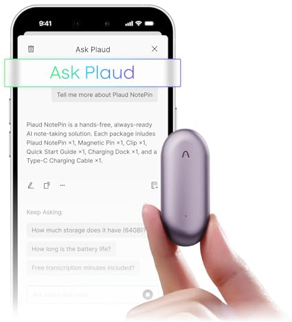 Plaud NotePin Voice Recorder, AI Voice Recorder, App Control, AI Notetaker, AI Transcribe & Summarize, Support 112 Languages, 64GB Memory, Audio Recorder for Lectures, Meetings, Sunset Purple