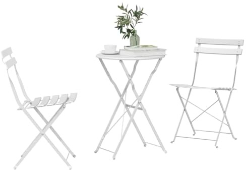 vidaXL 3-teiliges Bistro-Set – Weißes Stahl-Gartenmöbel-Set mit Tisch und Stühlen. Perfekte kompakte Sitzgelegenheit für deinen Balkon, Garten, Terrasse oder Essbereich im Sommer.
