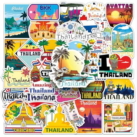50 Stück Thailand Aufkleber, Thailand Urlaub Reise Aufkleber, Scrapbooking-Aufkleber, Wasserdichte Koffer Sticker für Scrapbooking, Wasserflasche, Gepäck, Skateboard, Gitarre, Laptop